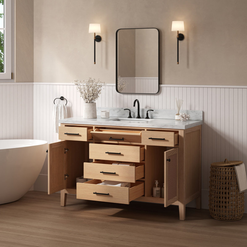 ARIEL Broeder Single Sink Bathroom Vanity with Italian Carrara Marble Top, Rectangular, 55"