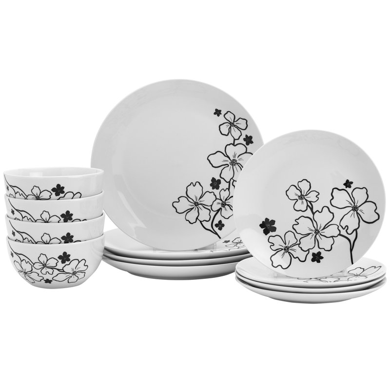 Margo White and Black Floral Porcelain 12-Piece Dinnerware Set