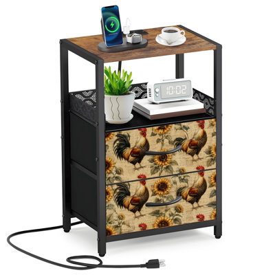 Table de chevet 2 tiroirs en tissu avec station de charge Coqs tournesols Vintage Floral