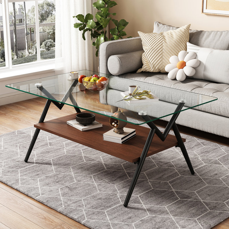 3 tables en verre trempé et fabrication pour un look moderne, Transparent/Walnut