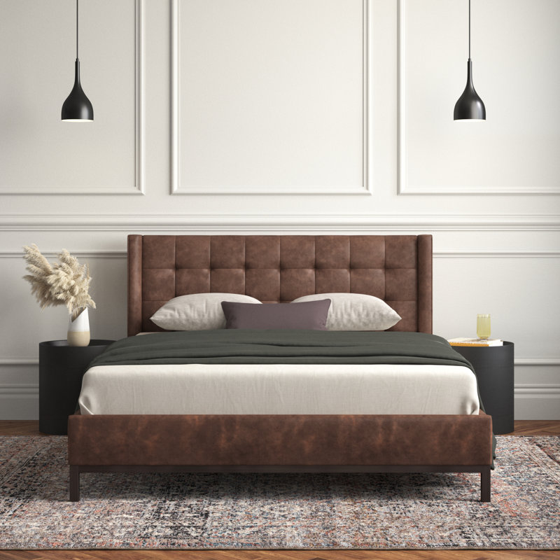 Estrela Upholstered Metal Wingback Bed, Tobacco, Queen