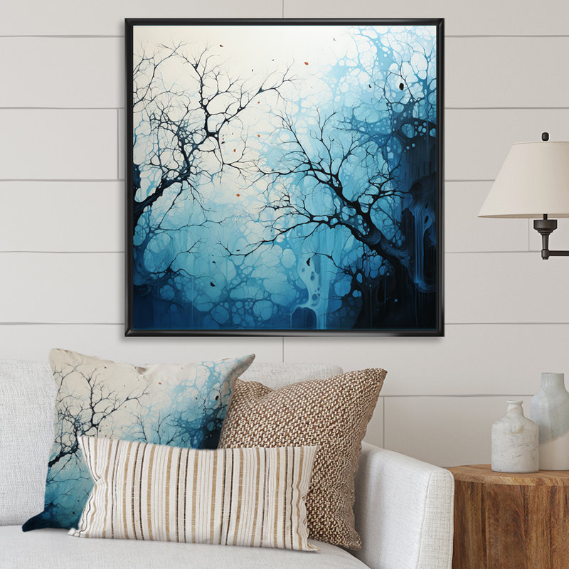 Minimalisme arbre bleu paysage V sur toile, H 24 po x l 24 po x P 1 po, Cadre flottant noir