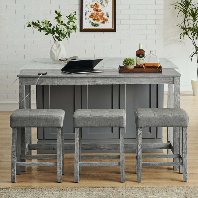 Bar Table, Dining Table, Sofa Table With Power Outlet, 3 Upholstered Stools, 4 Piece Bar Table And Chair Set, Grey, Grey