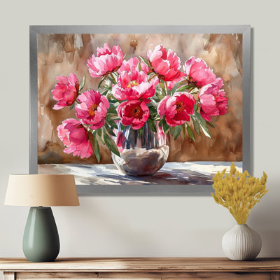 Pivoines dans un vase en acier inoxydable - pivoines grand art mural