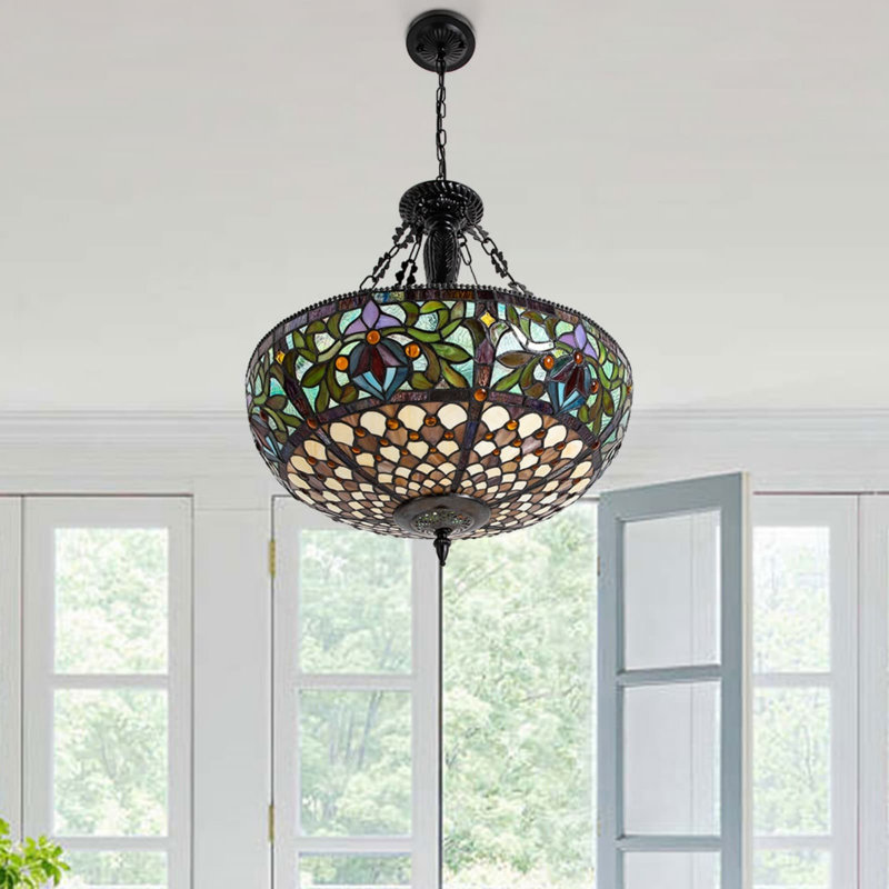 Antique Style 20" Wide Stained Glass Inverted Ceiling Pendant