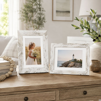 Ensemble de 2 cadres photo 5x7 en bois blanc vieilli avec verre véritable
