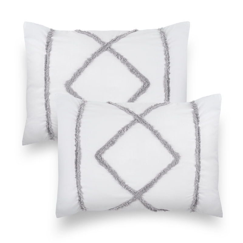 White and Grey Geometric Tufted Fringe Pillow Sham Set