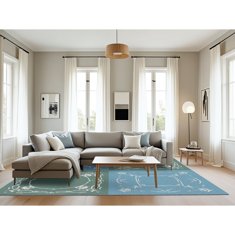 Tissé à la machine à motif géométrique en laine et polyester gris/bleu/vert Tapis décoratif, Rectangle 8 pi x 10 pi