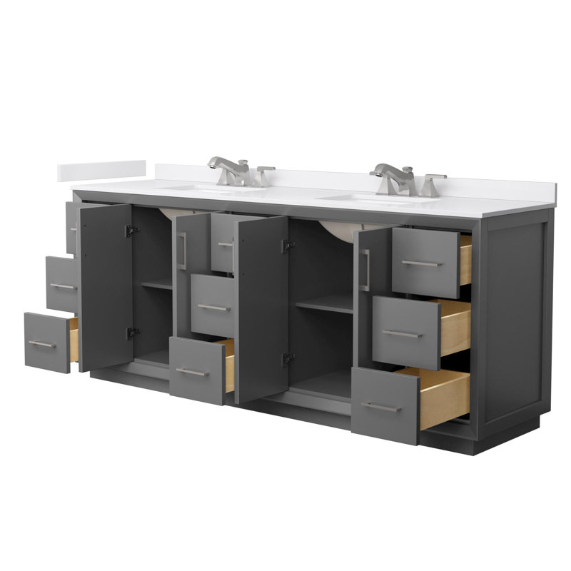 Meuble-lavabo double autoportant 84 po avec plateau en marbre Strada, Gris, Nickel brossé