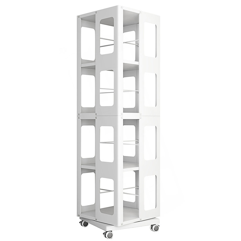 4-Tier All-Steel Rotating Bookshelf With 360° Wheels, Large Size Sturdy & Spacious Book Rack, White