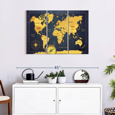 «World Map Gold Compass World Map», reproduction sur toile 3 pièces par HustleBroIllustrations
