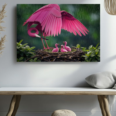 Toile dans un environnement verdoyant luxuriant, un oiseau rose vif avec art mural Parasol en plumes