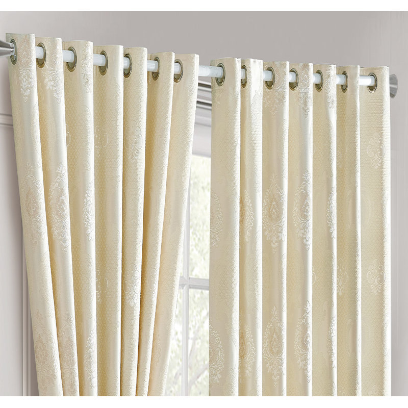 Tonquin Eyelet Jacquard Curtain Pairs 100%Polyester Floral Fully Lined With Tiebacks Beige And Grey, Beige
