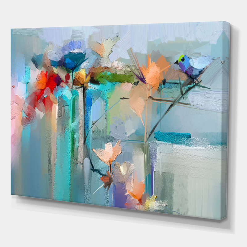 Fleurs abstraites rouges, bleues et roses - reproduction d'art sur toile tendue, H 12 po x l 20 po x P 1 po