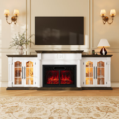 Meuble télé modulaire avec foyer 104 po, centre de divertissement avec éclairage à DEL et armoires de sortie et de rangement, grande console multimédia avec foyer électrique de 30 po et portes à volutes rétro, blanc et brun