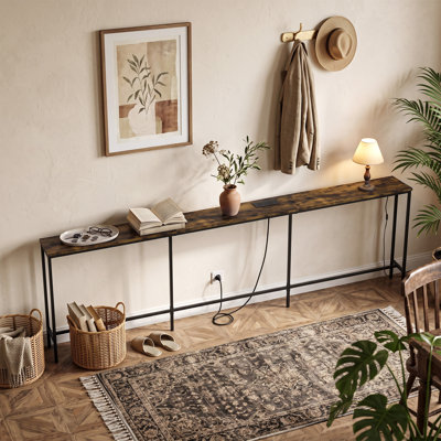 94.5 Inch Extra Long Console Table with Charging Station, Rustic Brown Entryway Table with USB Ports and Power Outlets for Living Room and Hallway