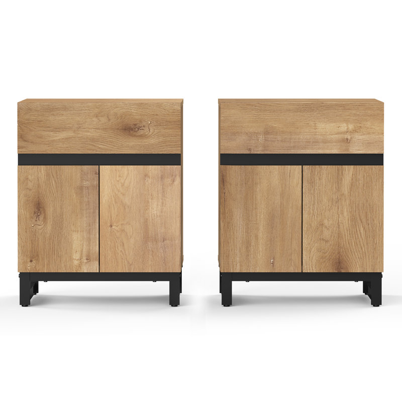Oak and Black Wood End Table Set with Storage