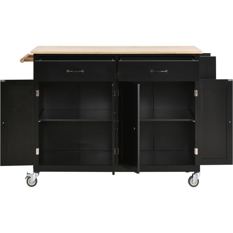 Chariot pour îlot de cuisine avec plateau en bois, 2 tiroirs, 4 portes et support à épices et à serviettes Adalid, Noir
