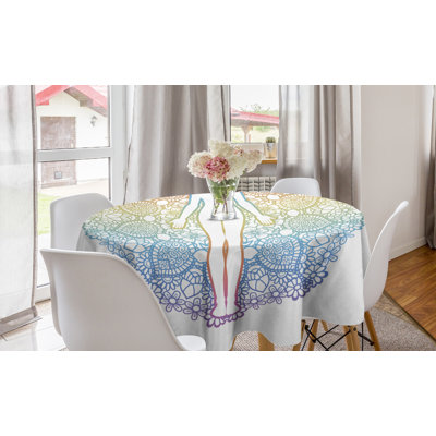 Ambesonne Rainbow Mandala Round Tablecloth, Yoga Themed Meditating Woman Outline With Mandala Patterned Background, Circle Table Cloth Cover For Dining Room Kitchen Decoration, 60", Multicolor