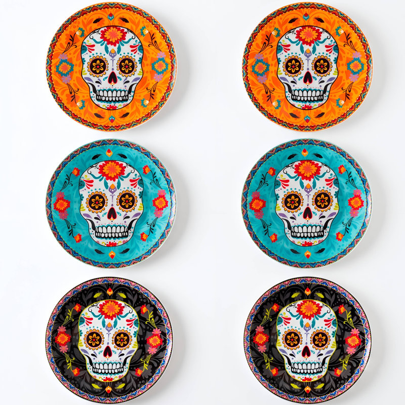 Ensemble d'assiettes à salade en grès Sango La Calavera de 6, assiettes d'Halloween de 8 pouces, assiettes à dessert en céramique, vaisselle Day of the Dead Sugar Skull, assiettes et collations, orange, turquoise et noir