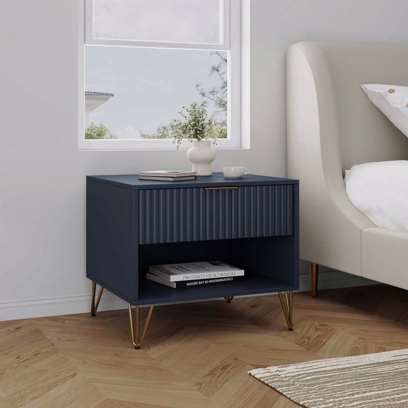 Dumbo 20" W Modern 1-Drawer Fluted Nightstand in Midnight Blue, Midnight Blue