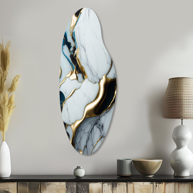 Abstract Geode Gold And White Marble II - Marble Asymmetrical Metal Wall Art, Modern Curved Metal Art Print