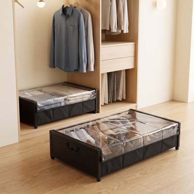 Boîte de rangement sous le lit, ensemble de 2, bacs de rangement roulants avec couvercles transparents, structure en métal robuste