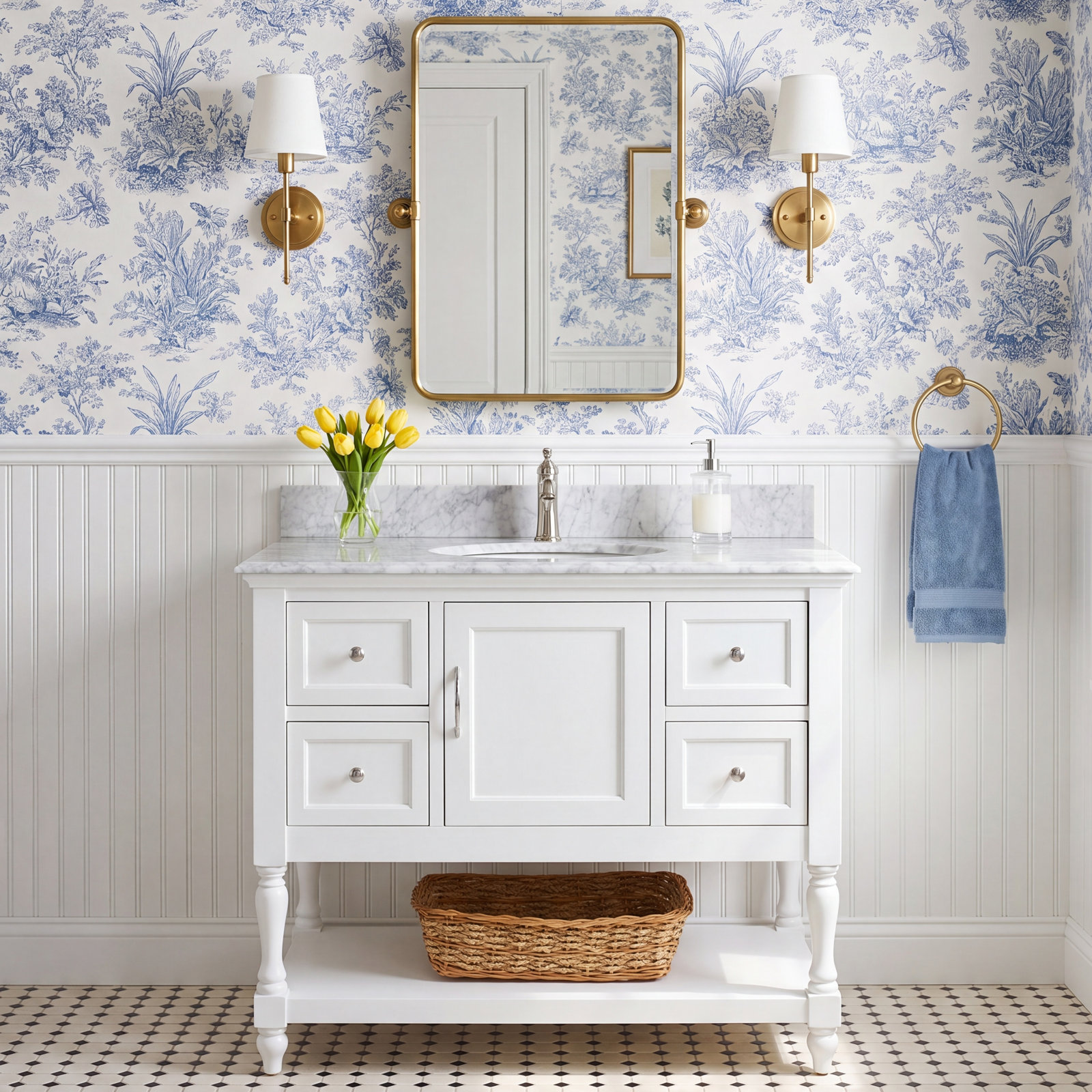 Hampton 42'' Single Bathroom Vanity, White, Carrara Marble