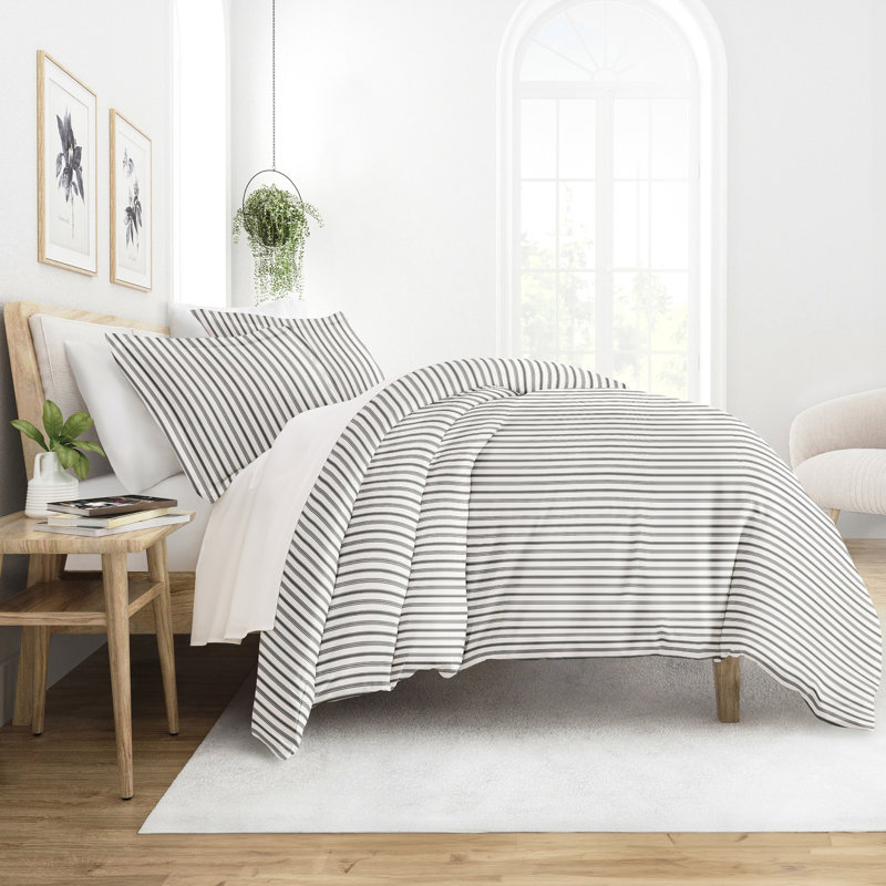 Gray and White Striped Microfiber King/California King Duvet Cover Set