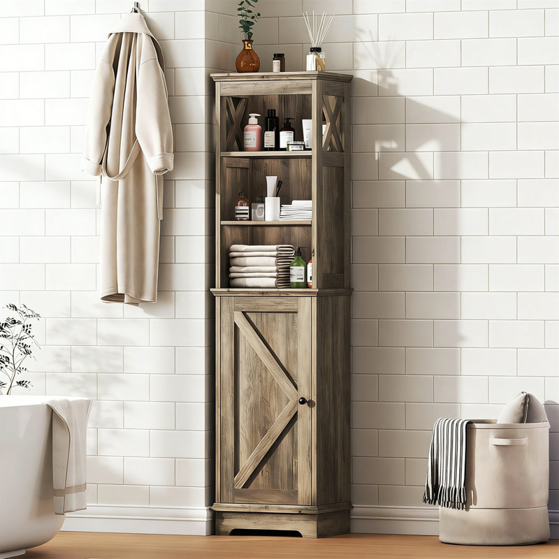 Narrow Bathroom Storage Cabinet With Door, Adjustable Shelves, 60.9" Wooden Tall Tower For Kitchen, Entryway, Grey, Gray