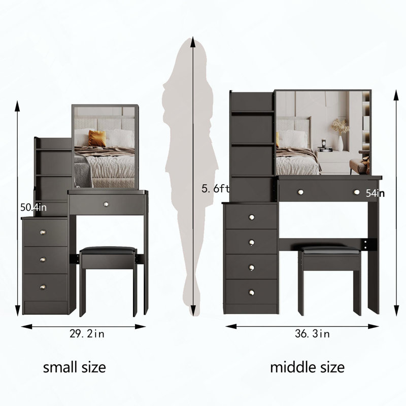 29.2" Small Space Vanity Table with Sliding Mirror, Stool and High Capacity Storage
