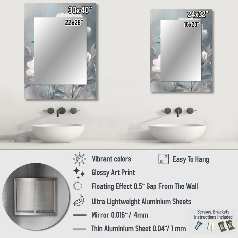 Gris gris clair de lune - pivoines, miroir mural unique, art traditionnel imprimé en métal, 40 po x 30 po