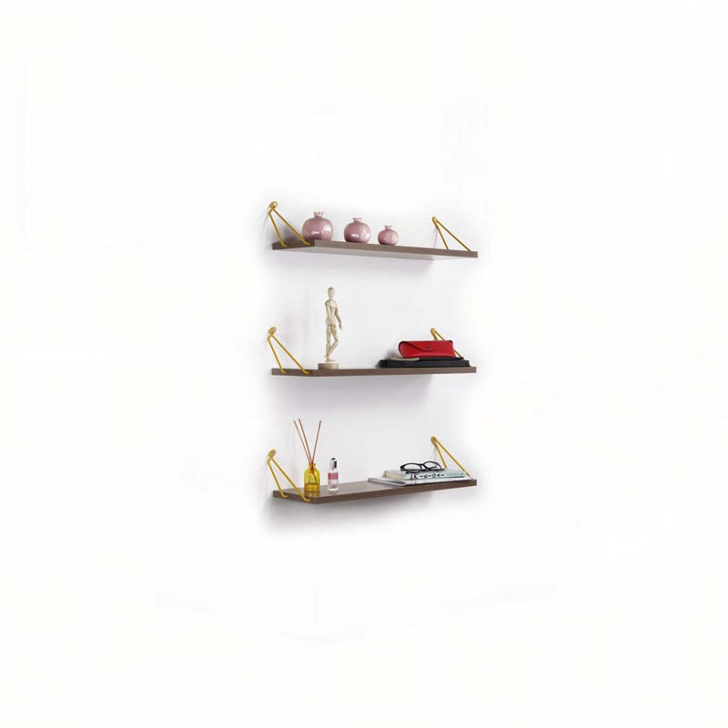Floating Wall Decor Wall Mounted Rustic Decorative Hanging Metal Bracket Triple Shelfs for Books, Walnut/Yellow
