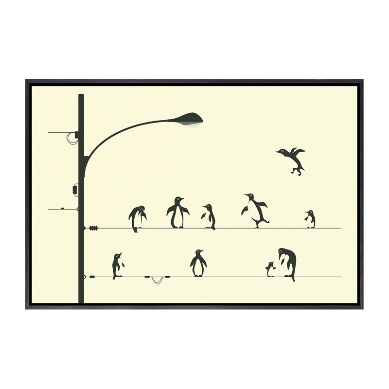 «Penguins on a Wire», art encadré, Toile avec cadre noir patiné, H 18 po x l 26 po x P 1,5 po