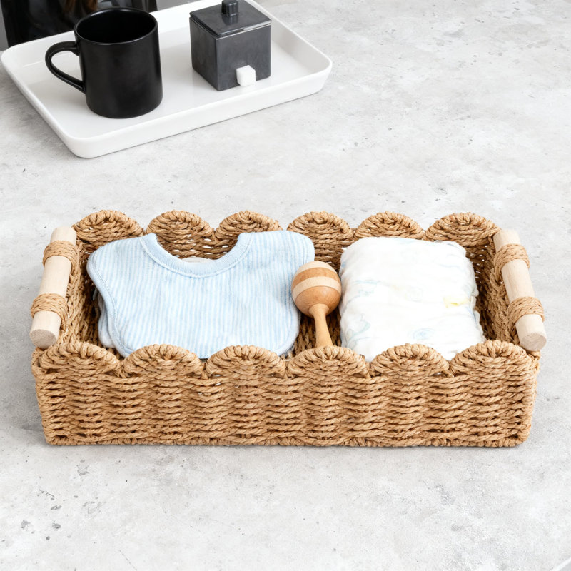 Woven Paper Rope Storage Basket With Scalloped Edge And Handles, Decorative Organizer For Bathroom, Living Room, Bedroom, And Shelves