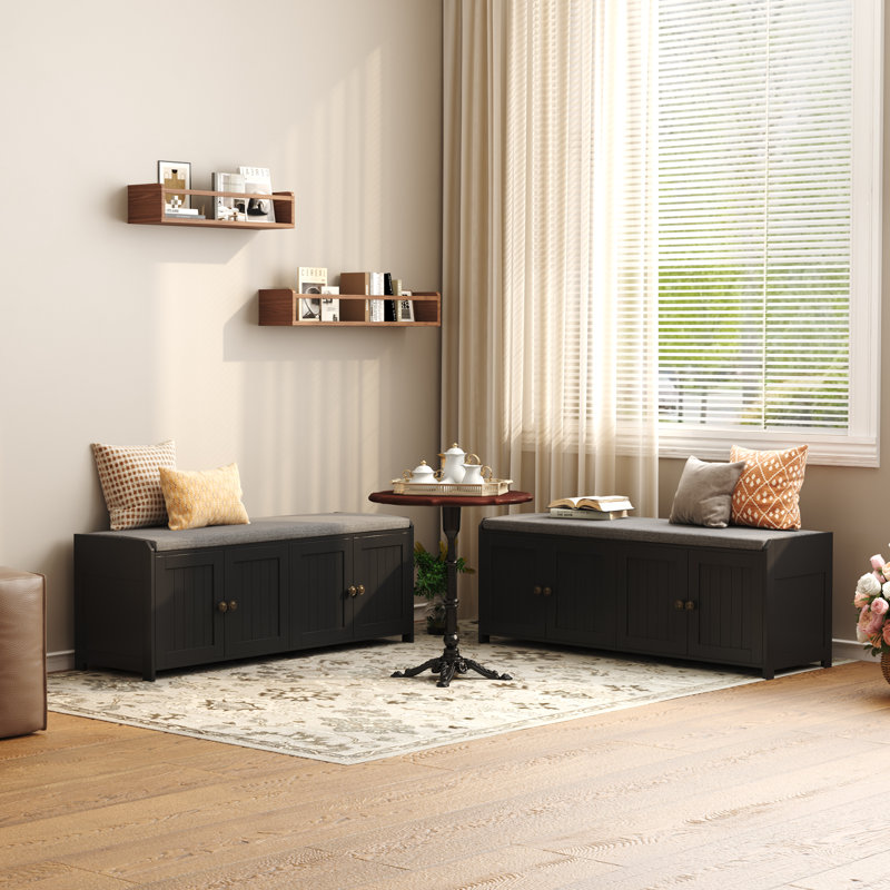 Shoe Storage Bench With Cushion, Entryway Shoe Cabinet Bench With 4 Doors, Black