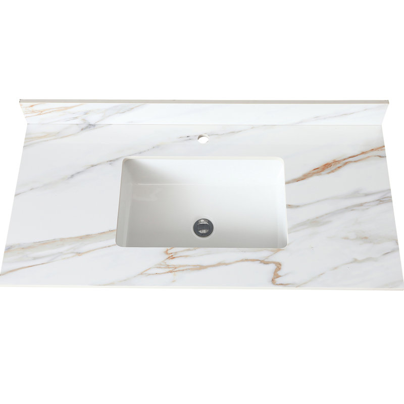 Plateau de meuble-lavabo 43 po - Marbre blanc avec veines ravissantes, lavabo rectangulaire, dosseret 4 po, trou de robinet pré-percé, convient aux armoires de 42 po x 21 po compatibles avec les armoires centrales l 42 po x P 21 po