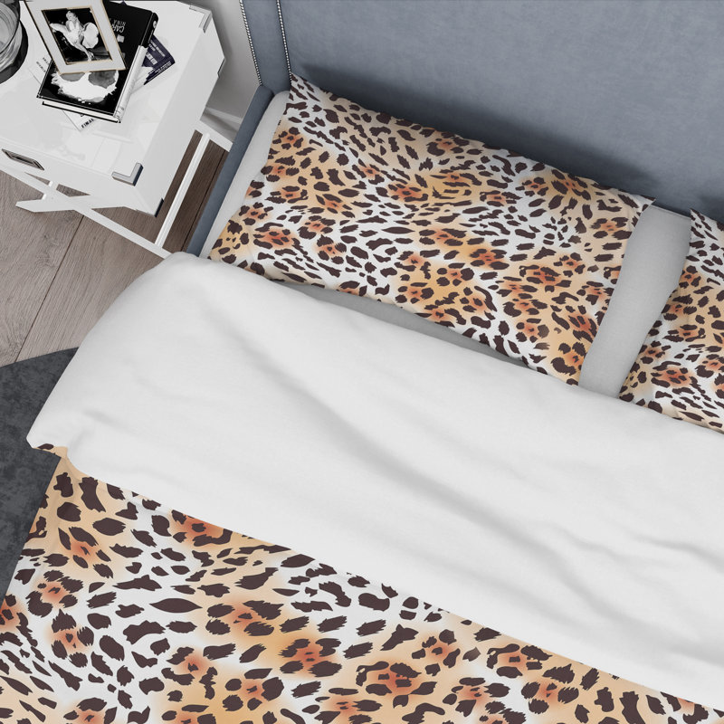 Ensemble de housse de couette mid-century glam leopard, Housse de couette double / grand et 2 taies décor, Brun / Noir