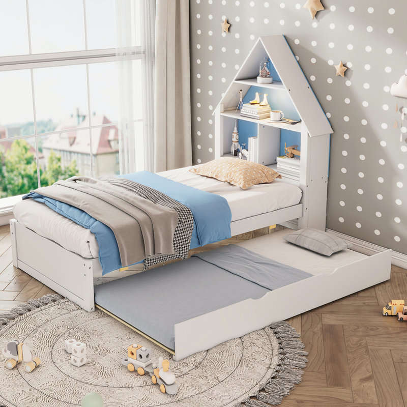 Lit en forme de maison avec tête de lit bibliothèque et lumière DEL et lit gigogne simple pour enfants, Simple