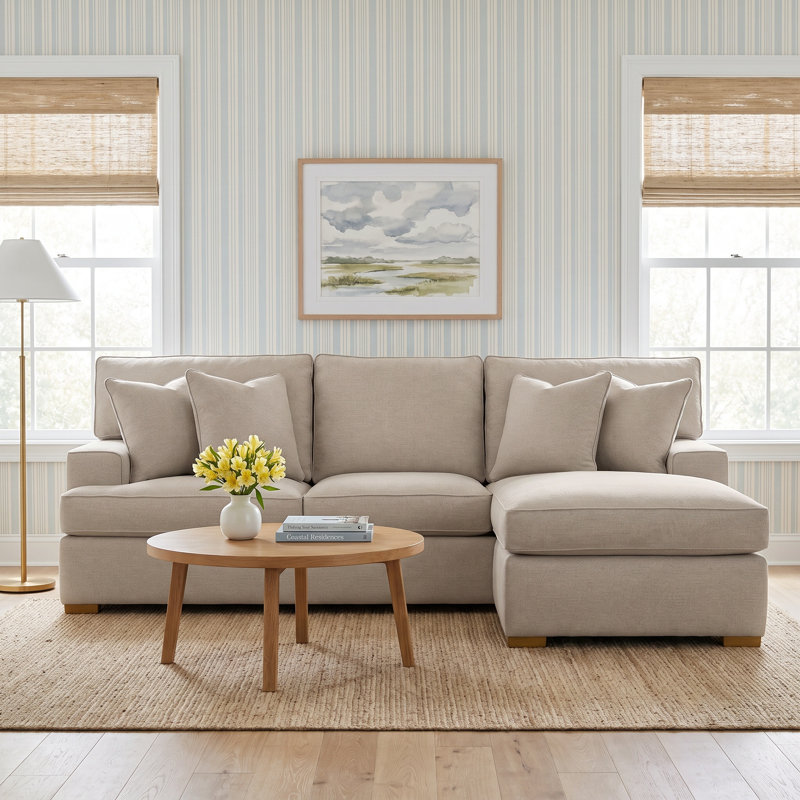 Sadie 97" Wide Reversible Sofa & Chaise with Ottoman, Havana Finish, Blue Stripe; 0220-63