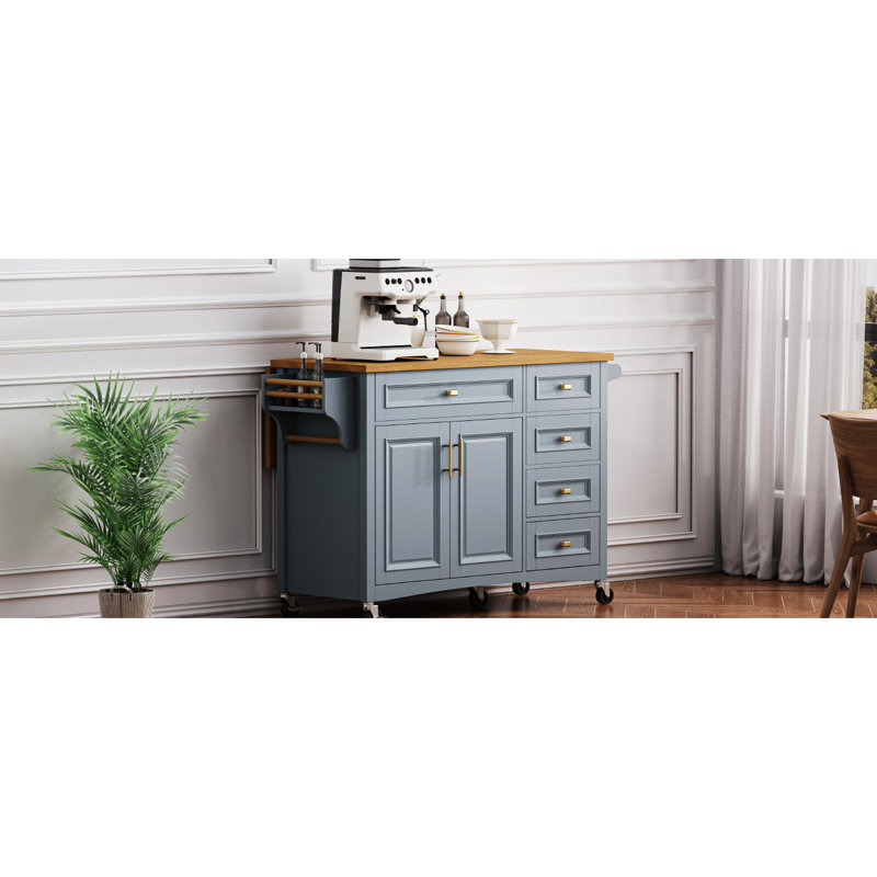 Îlot de cuisine 52 po en bleu gris Rangement spacieux avec 2 portes, 5 tiroirs, porte-serviettes et porte-épices. Tablette réglable. Mobile sur roulettes, verrouillable. Et placage de chêne. .