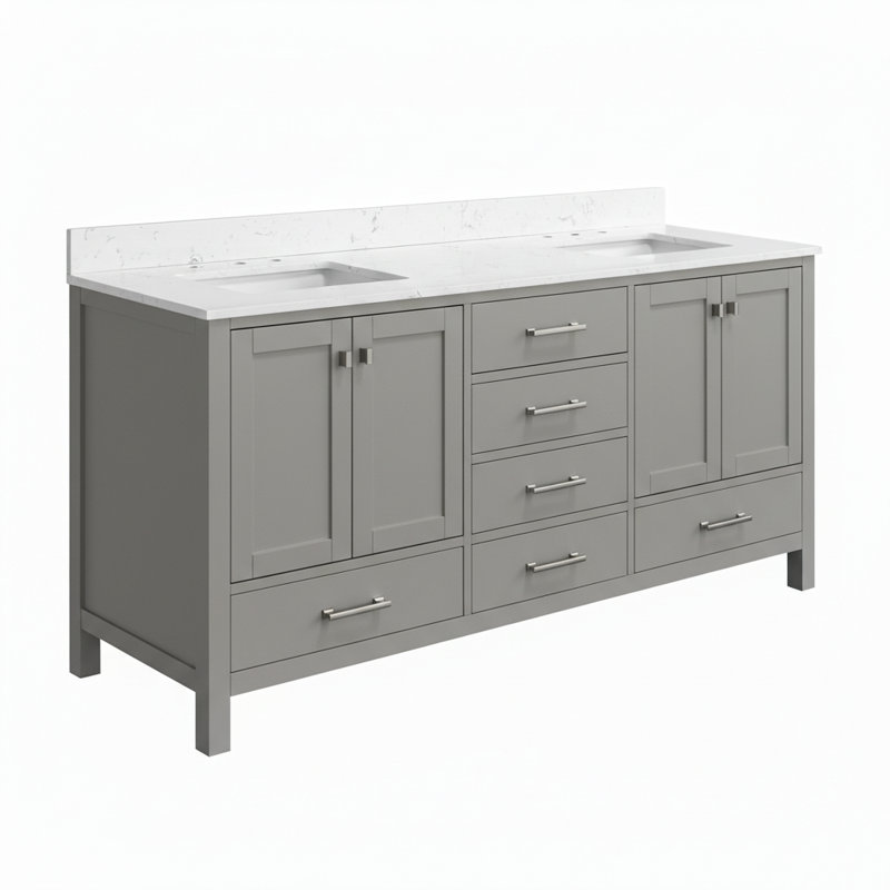 Ensemble de meuble-lavabo double 72 po, structure en bois massif avec plateau en pierre reconstituée, tiroirs à fermeture en douceur et armoires de rangement, gris