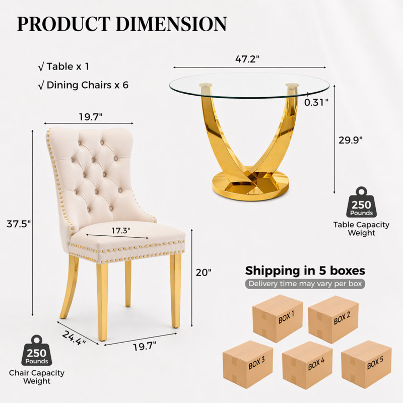 47.2" Round Glass Dining Table Set, Modern Tempered Glass Kitchen Table with 6 Velvet Upholstered Chairs, Gold/White