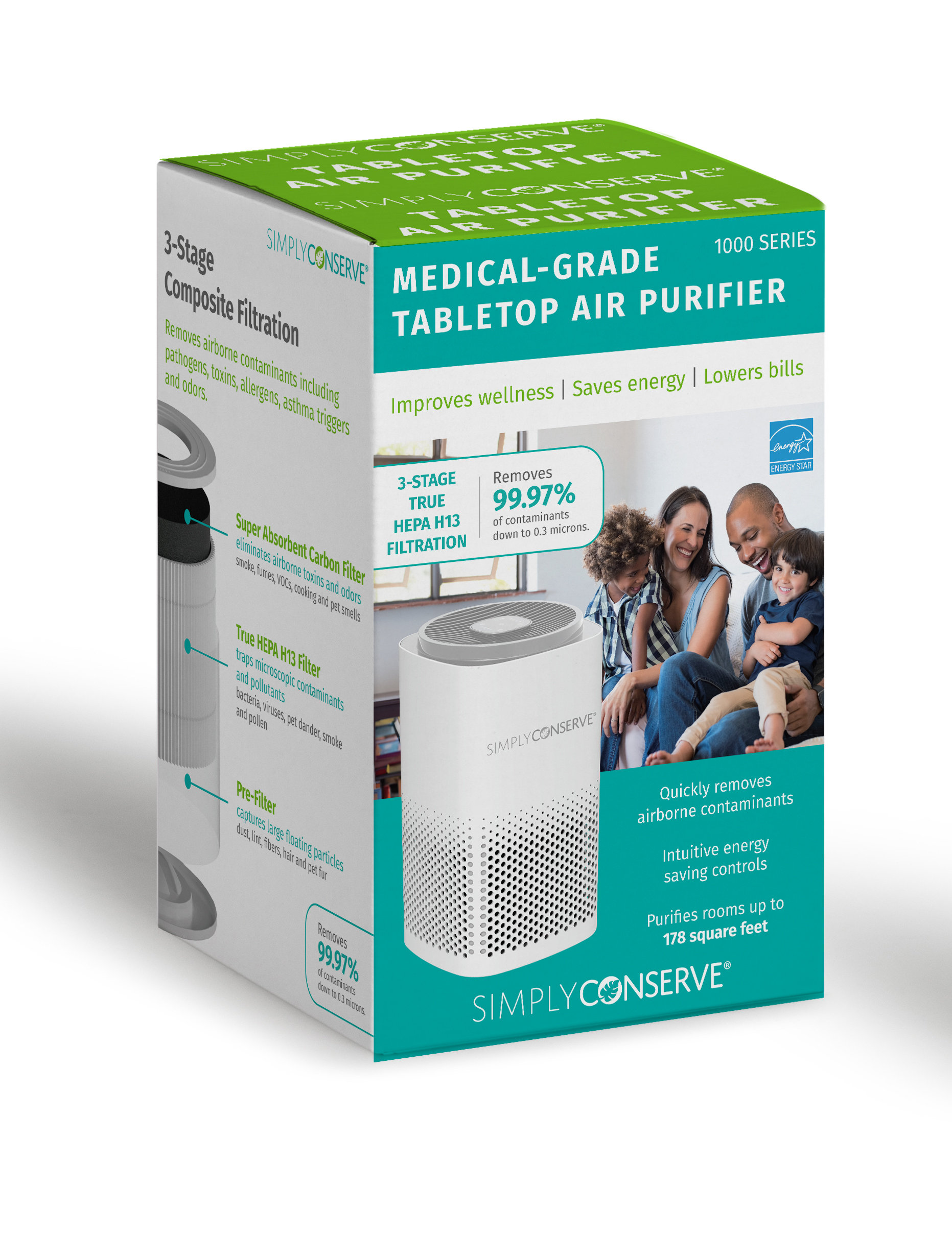 Simply Conserve Tabletop Air Purifier with True HEPA Filter for 180