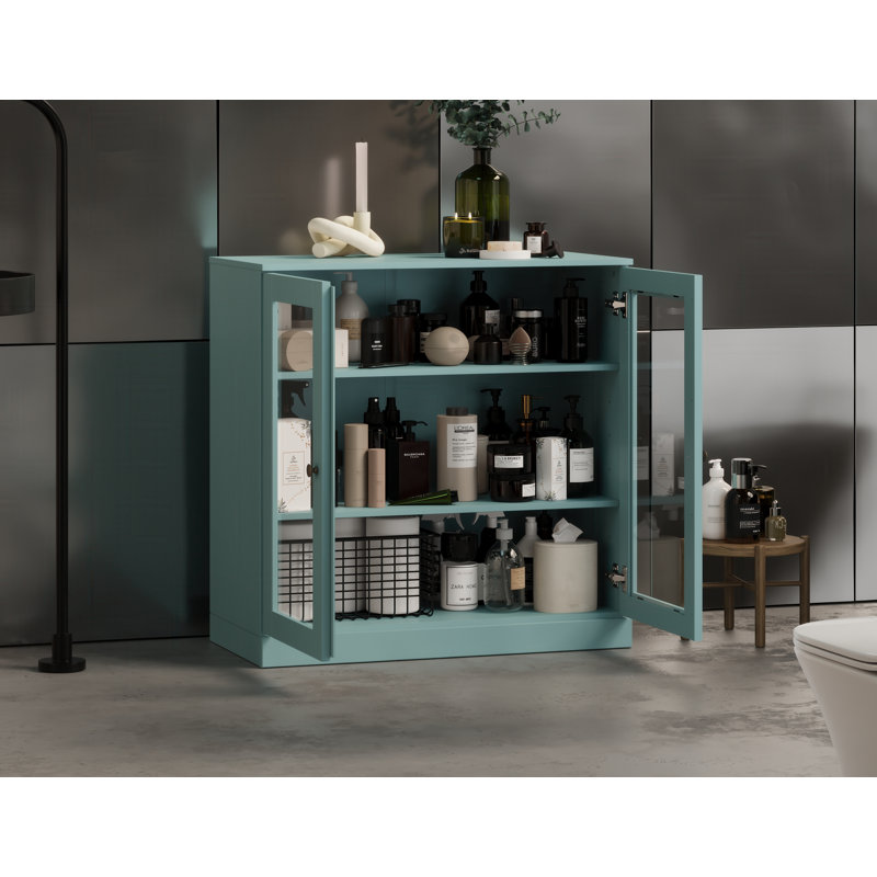 100% Solid Wood 32" Bathroom Cabinet with Clear Glass Doors and Adjustable Shelves, Aqua Blue