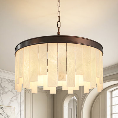 6 - Light Modern Shaded Drum Alabaster Chandelier For Dining Room