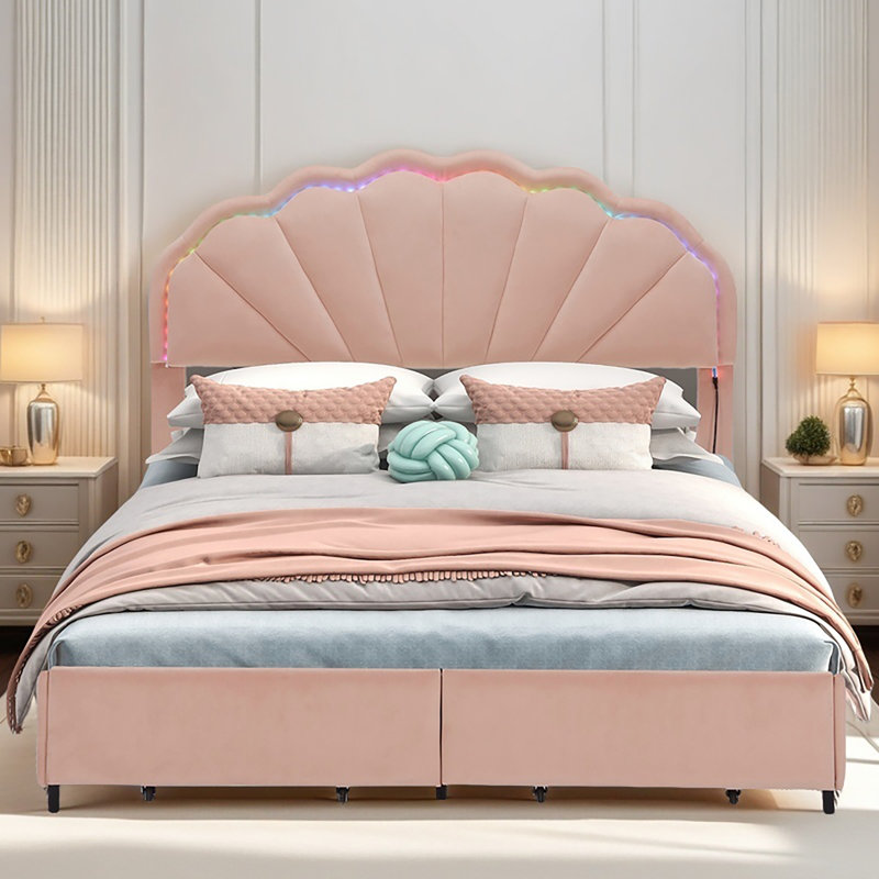Structure de lit double pleine grandeur à DEL intelligente avec 2 tiroirs de rangement et tête de lit à deux pétales chic, lit plateforme avec lumière DEL intelligente pour les filles, aucun sommier nécessaire, rose