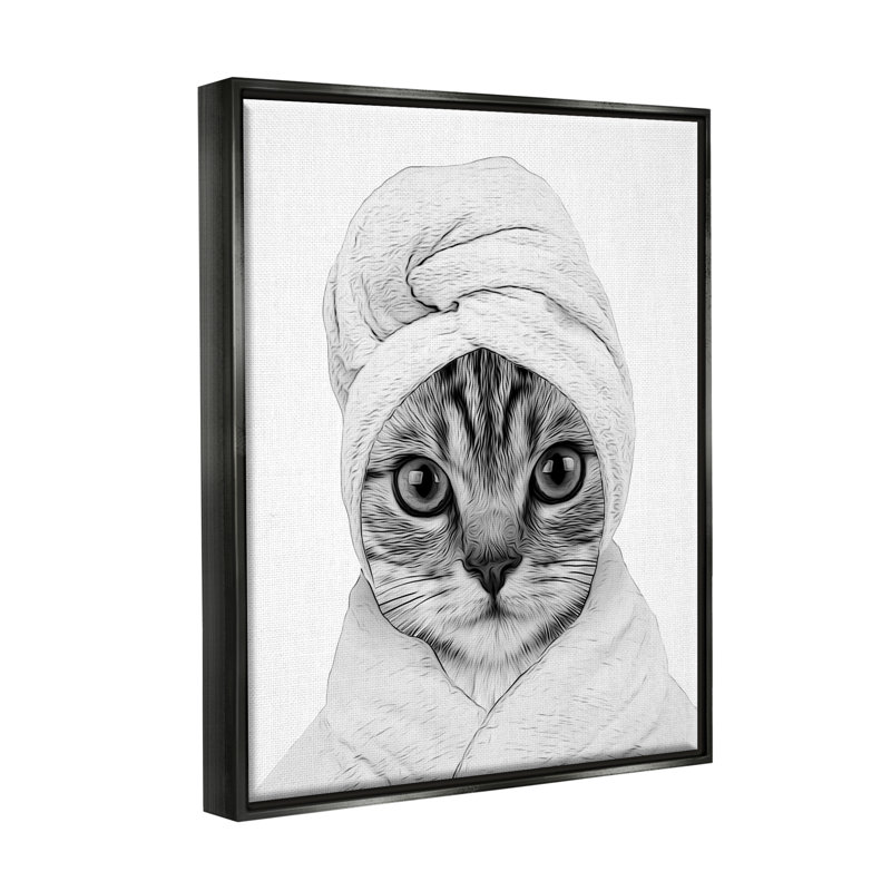 Drôle de chat dans un peignoir, art mural encadré noir sur toile flottante par Annalisa Latella, H 21 po x l 17 po x P 1,7 po