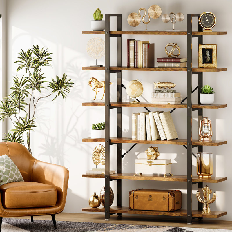 Garrison 83"H x 47"W 6-Tier Wood Vintage Industrial Etagere Bookcase, (6 Shelves) 83.36"H x 46.85"W x 11.81"D, Brown