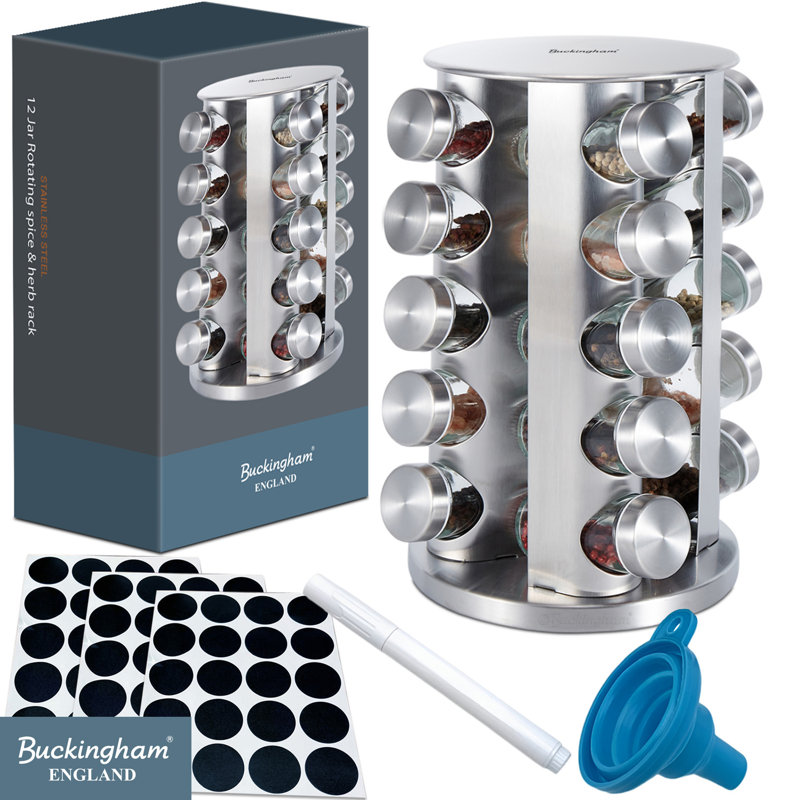 Buckingham Stainless Steel Rotating Spice Rack including 20 Glass Jars  